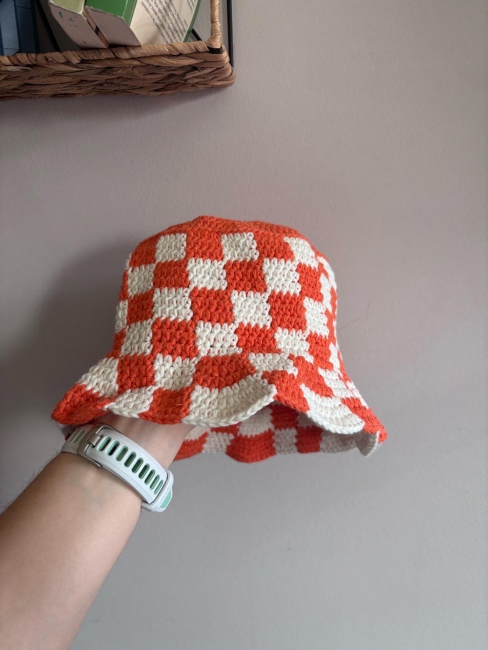 Handmade Crochet Checkered Bucket Hat in Orange & Cream - Picture 1 of 3